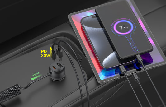 35W Fast Car Charger with Retractable 3-in-1 Cable – USB-C, Lightning & Micro