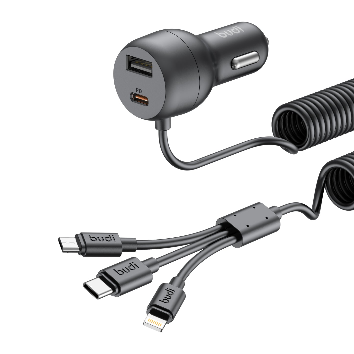 35W Fast Car Charger with Retractable 3-in-1 Cable – USB-C, Lightning & Micro
