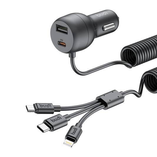35W Fast Car Charger with Retractable 3-in-1 Cable – USB-C, Lightning & Micro