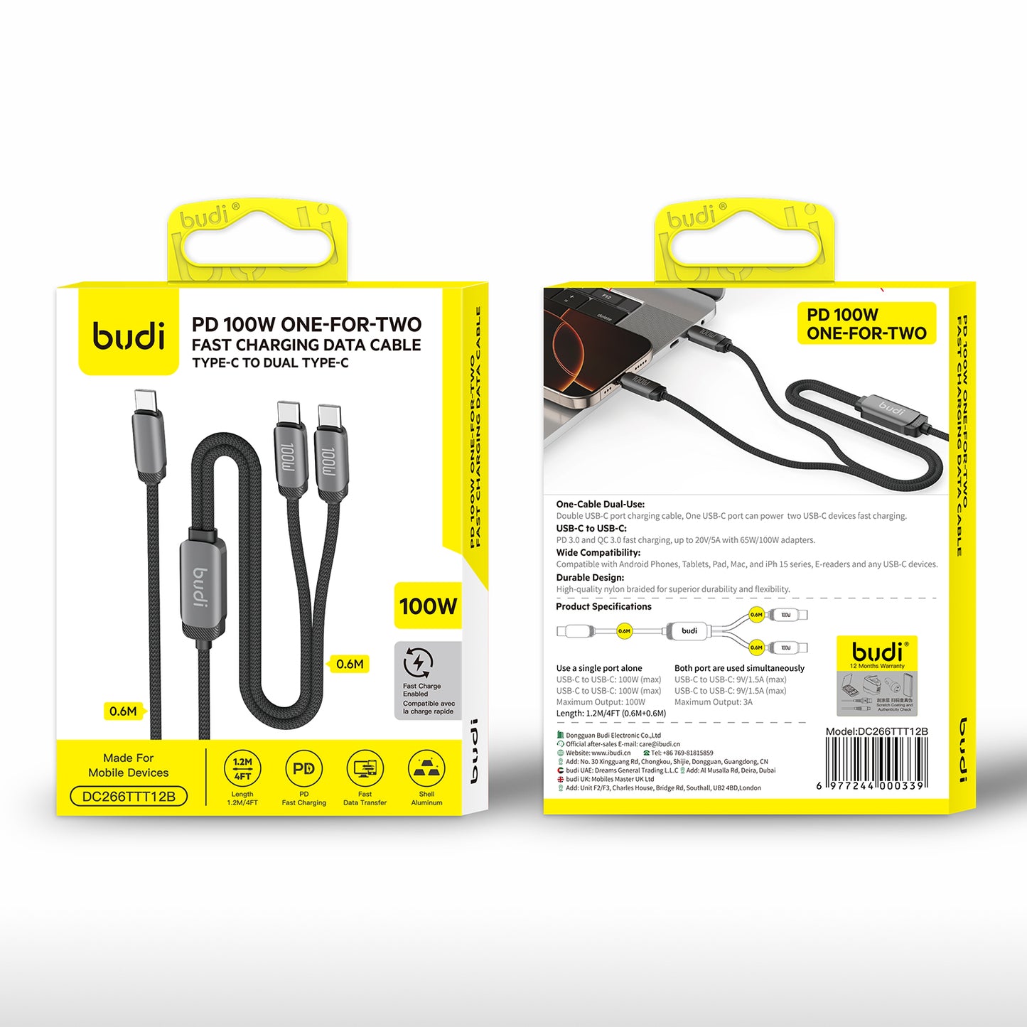 PD 100W Type-C to Dual Type-C One-for-Two Fast Charging Cable 1.2M