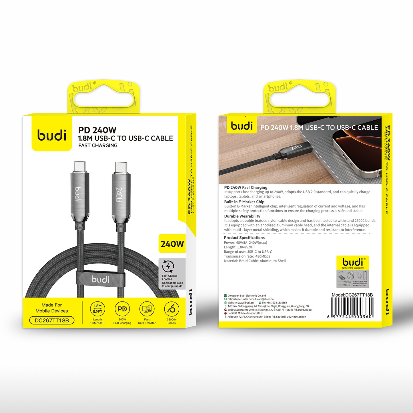 PD 240W USB-C to USB-C Cable 1.8M