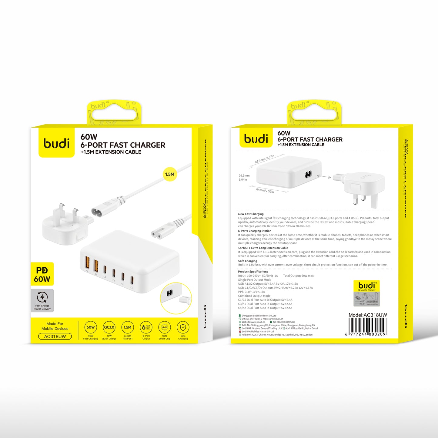 60W 6-Port USB Fast Charger with 1.5m Extension Cable