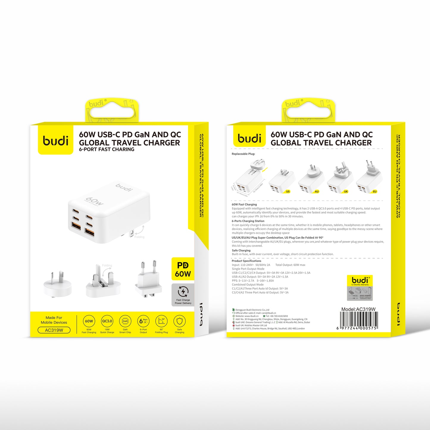 60W USB-C PD GaN & QC Global Travel Charger 6-Port Fast Charging Adapter