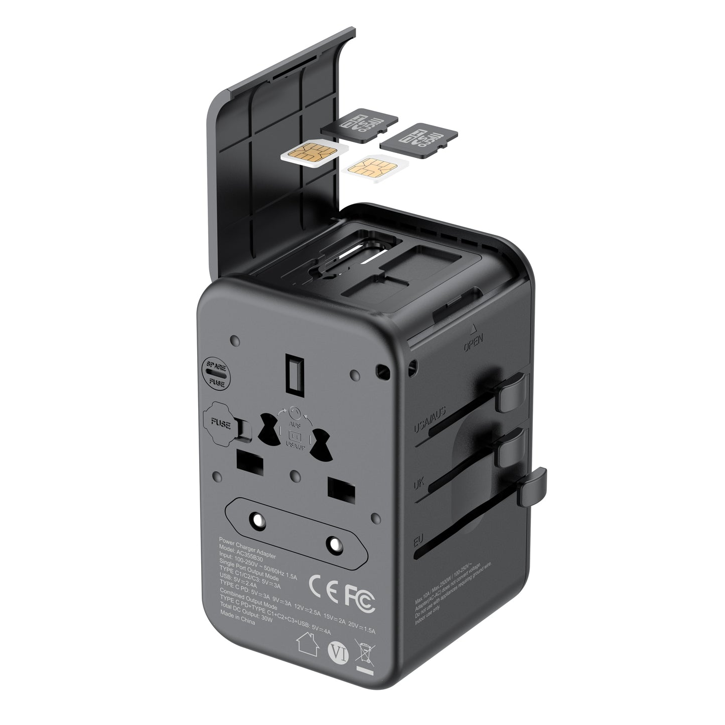 30W Global Travel Charger with 4 Type-C Ports & 1 USB & Storage Box