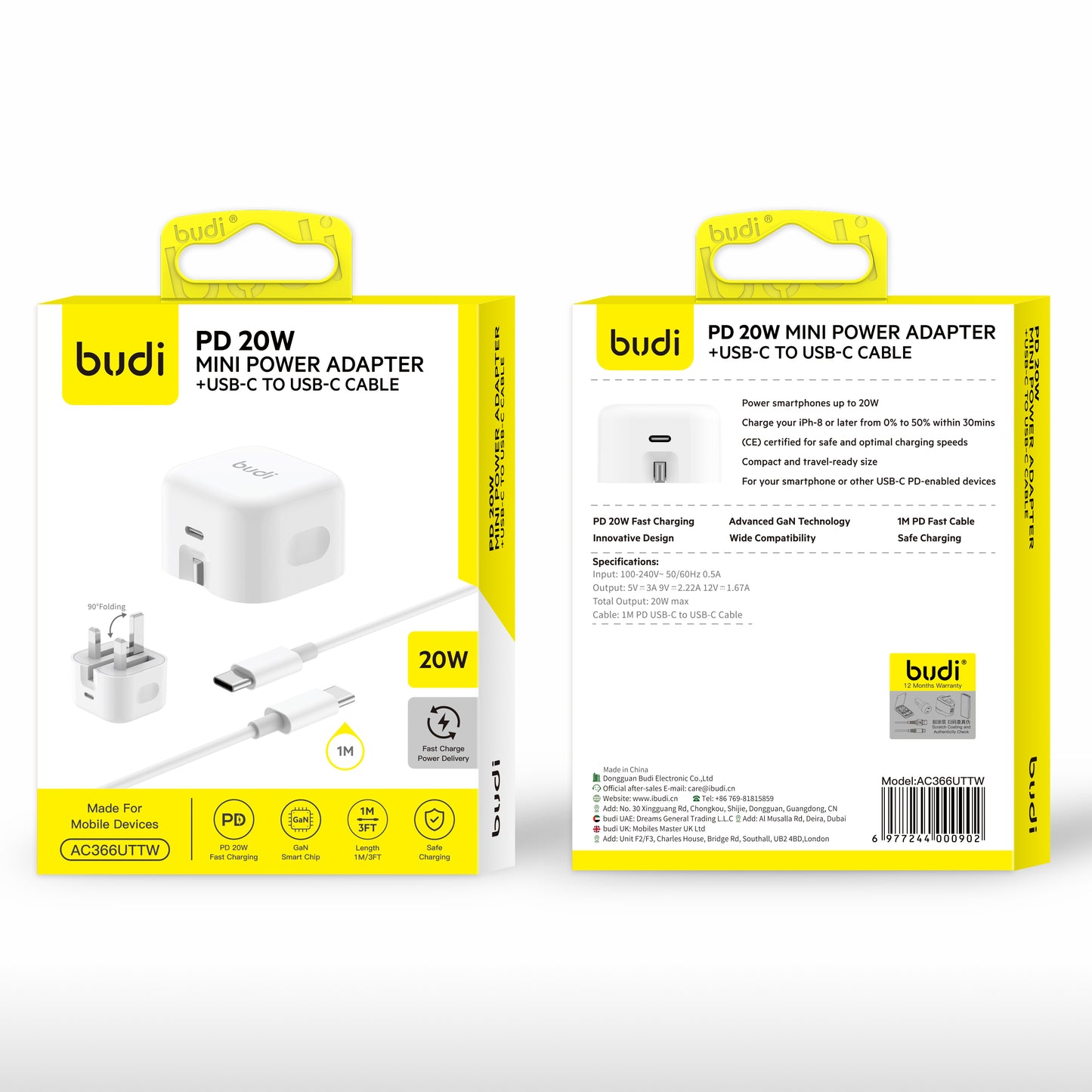 PD 20W Mini Power Adapter with USB-C to USB-C Fast Charging Charger