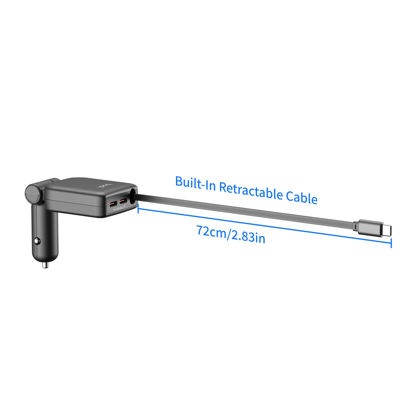 50W 3-Port Fast Car Charger with Built-in Retractable 72cm Cable