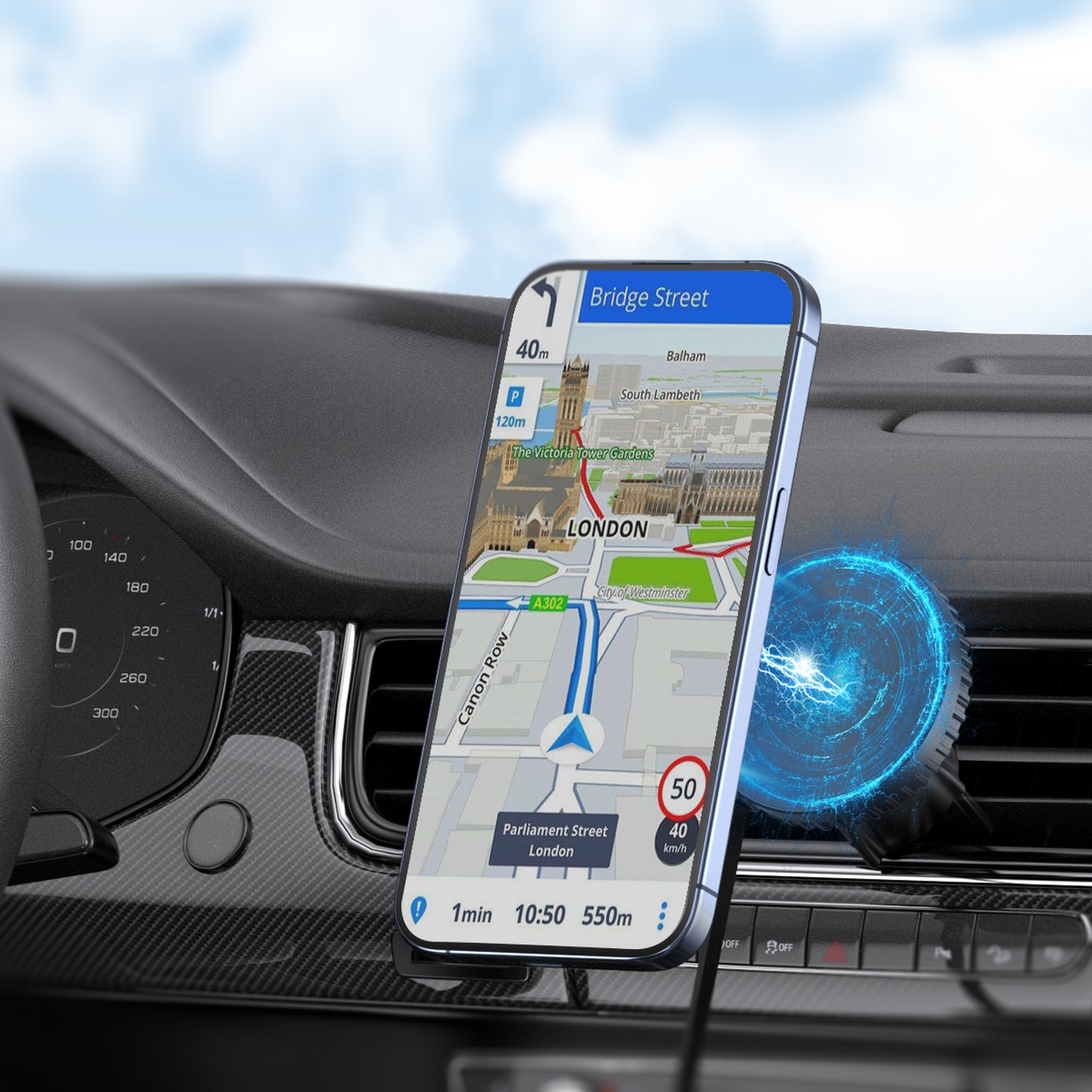 Universal Magnetic Wireless Car Charger Holder with Windshield & Vent Mount-Retractable Cable