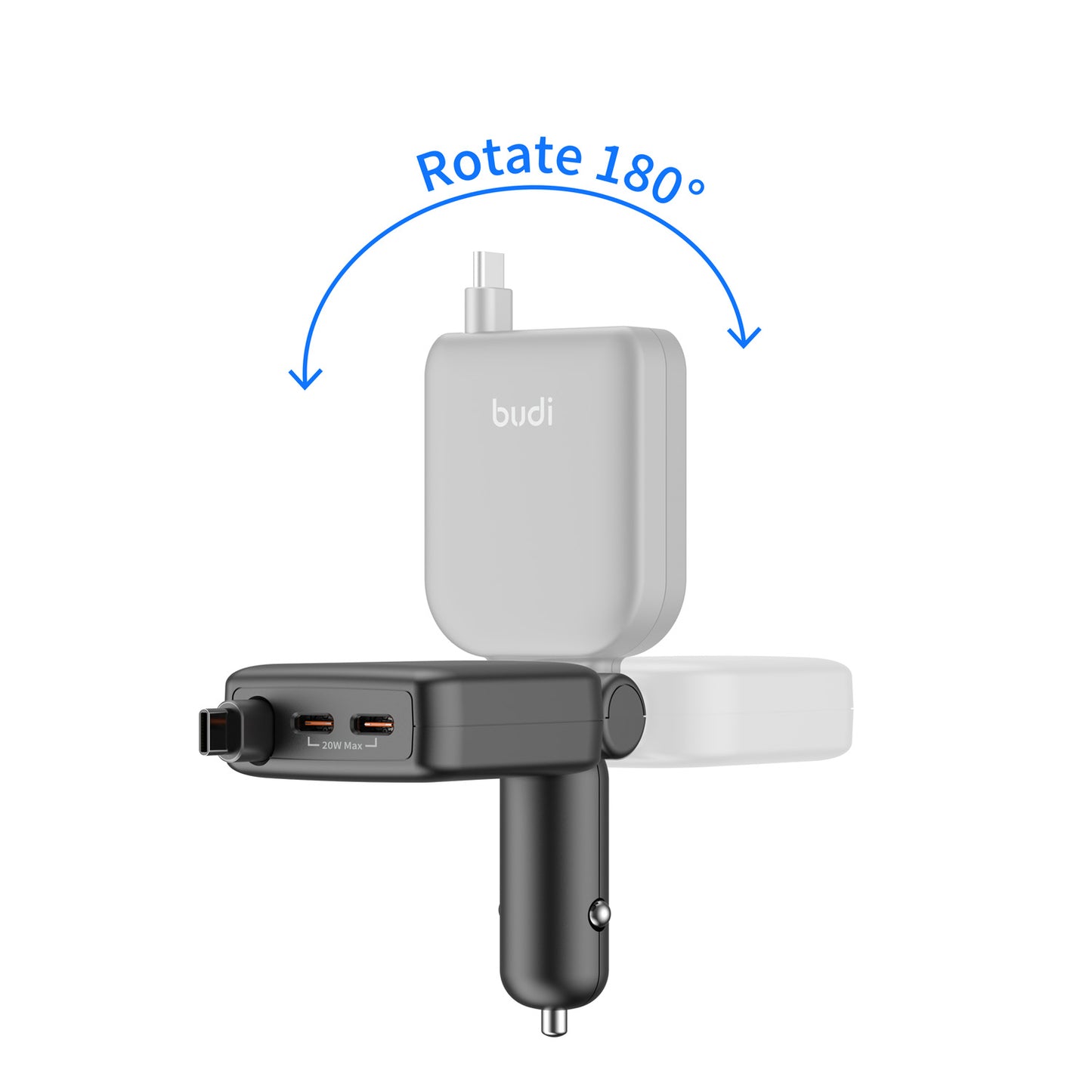 50W 3-Port Fast Car Charger with Built-in Retractable 72cm Cable
