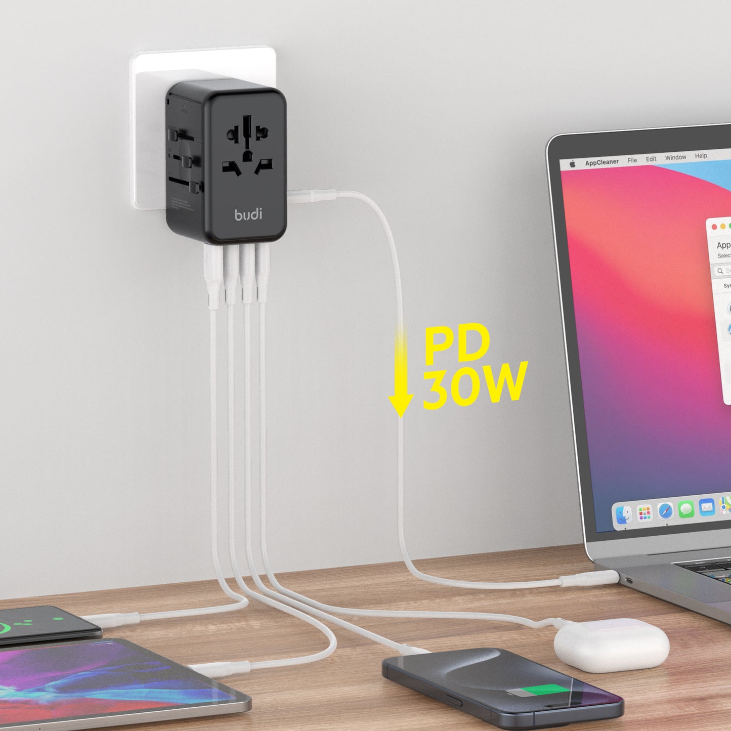 30W Global Travel Charger with 4 Type-C Ports & 1 USB & Storage Box
