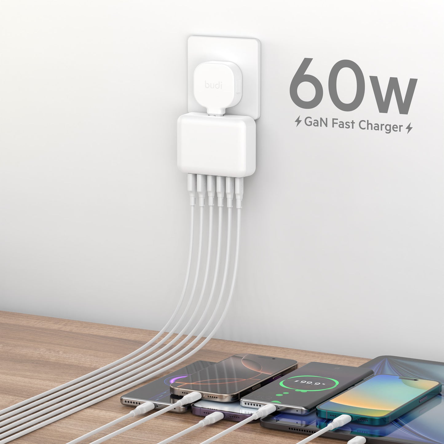 60W 6-Port USB Fast Charger with 1.5m Extension Cable