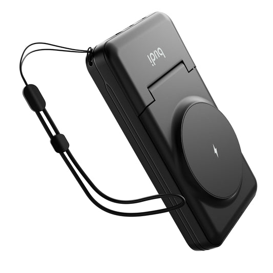 Portable power bank showing USB-C and Lightning cable slots