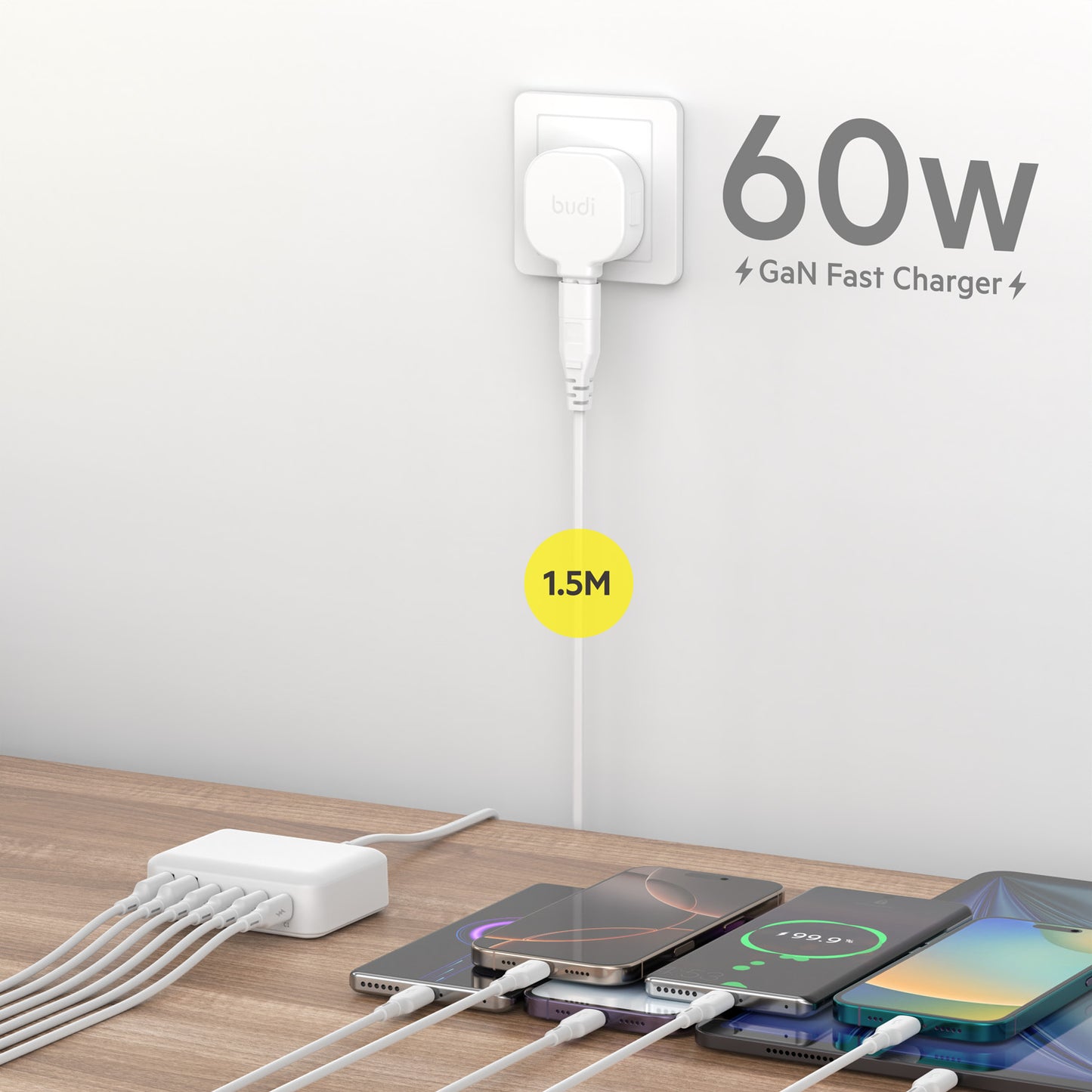 60W 6-Port USB Fast Charger with 1.5m Extension Cable