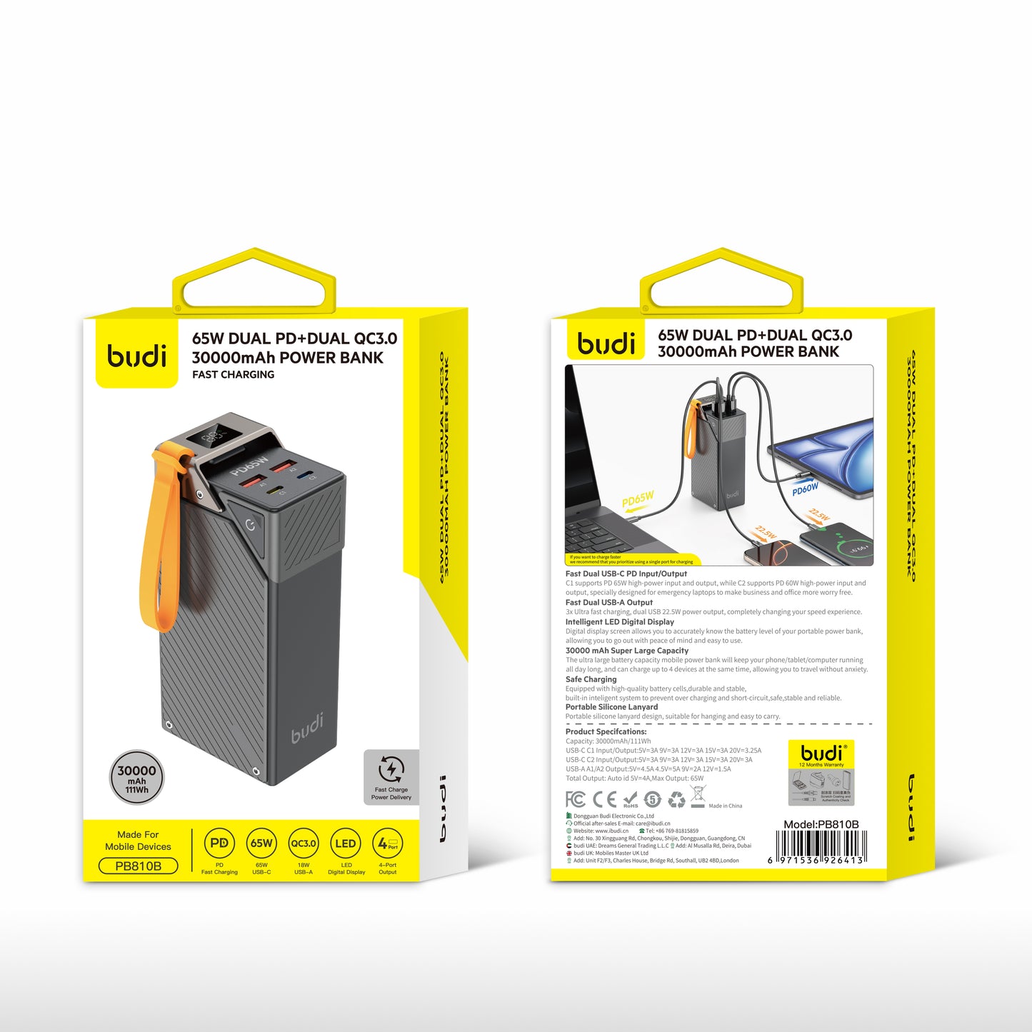 65W Dual PD+DUAL QC3.0 30000mAh Power Bank