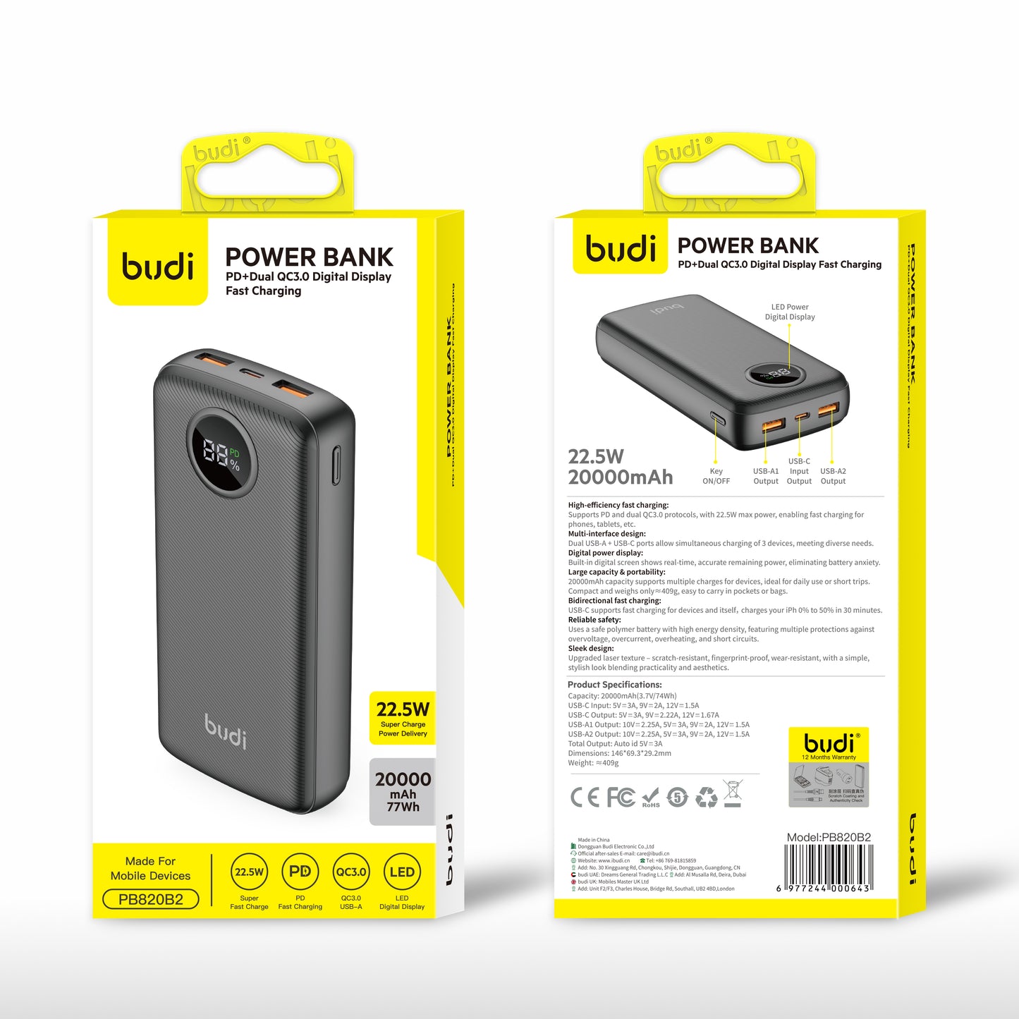 PD Dual QC3.0 Display Fast Charging Power Bank 20000mAh