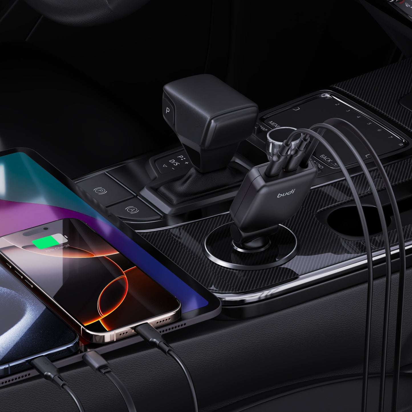 50W 3-Port Fast Car Charger with Built-in Retractable 72cm Cable