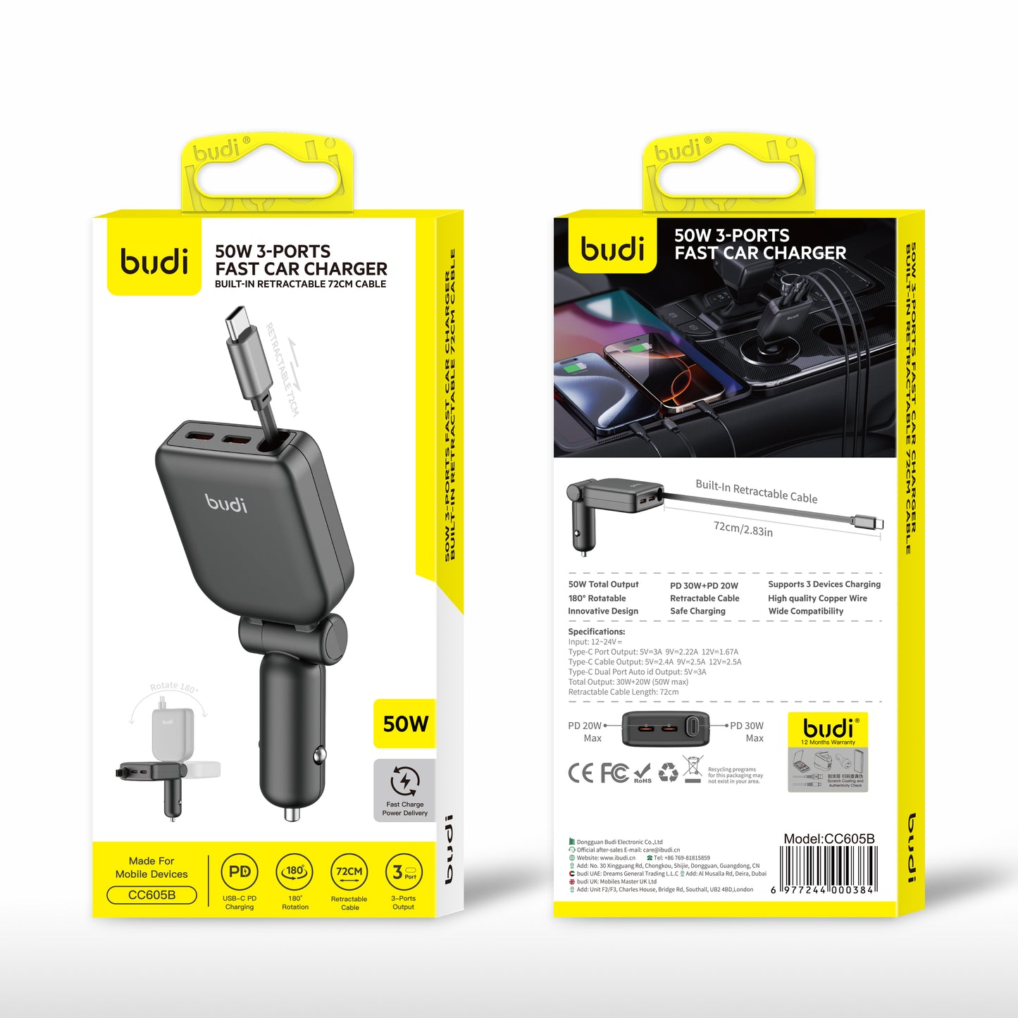 50W 3-Port Fast Car Charger with Built-in Retractable 72cm Cable