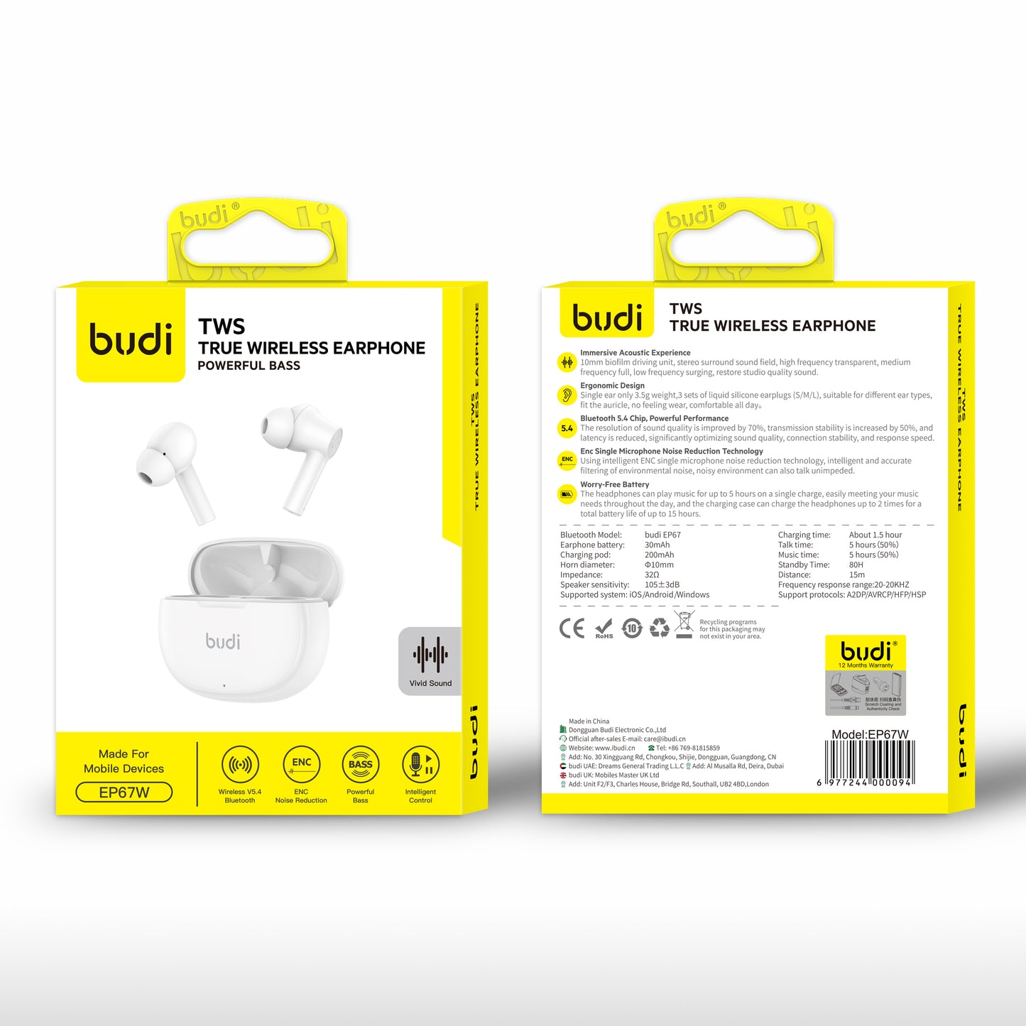 Powerful Bass True Wireless Earphones with Long Battery Life-White