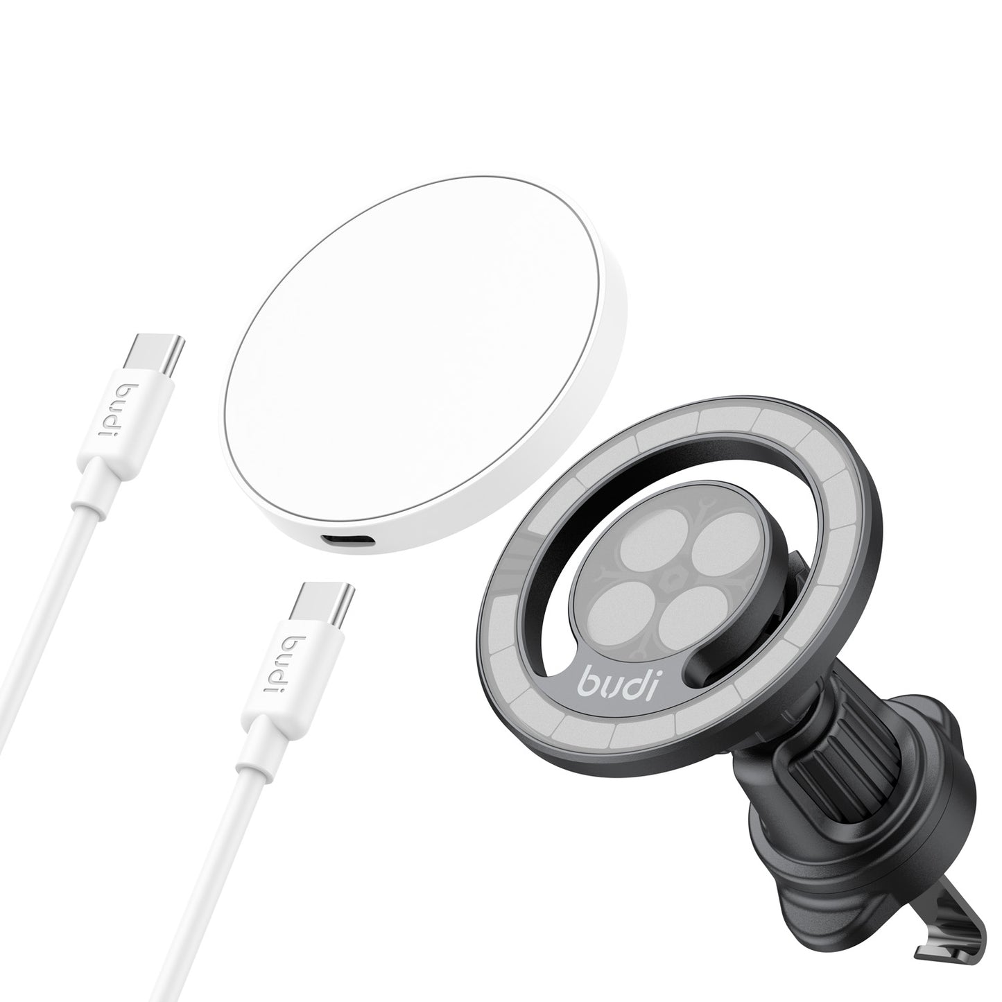 Magnetic 15W Wireless Charging Car Mount with USB-C to USB-C Cable