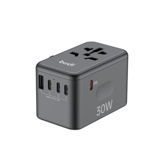 30W Global Travel Charger with 4 Type-C Ports & 1 USB & Storage Box