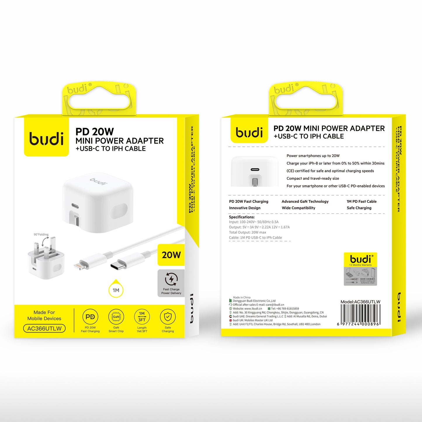 PD 20W Mini Power Adapter with USB-C to iPhone Cable  Fast Charging Charger