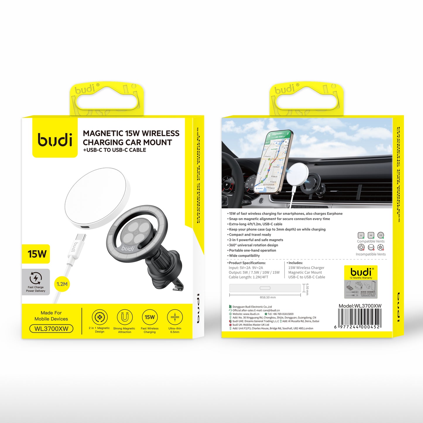 Magnetic 15W Wireless Charging Car Mount with USB-C to USB-C Cable