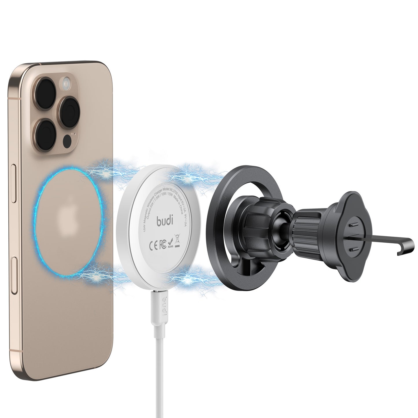 Magnetic 15W Wireless Charging Car Mount with USB-C to USB-C Cable