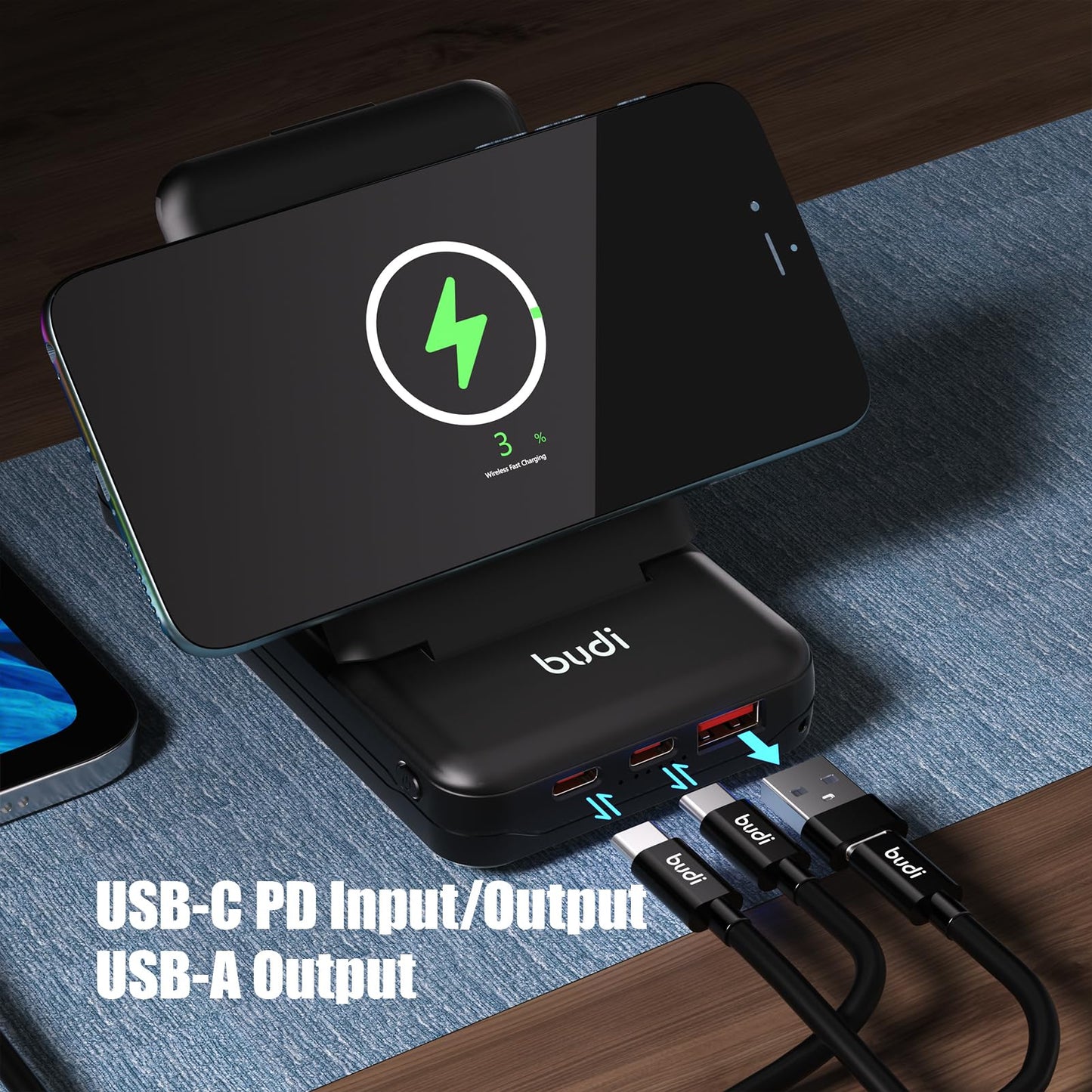Compact MagSafe charger showing all ports and wireless charging pad