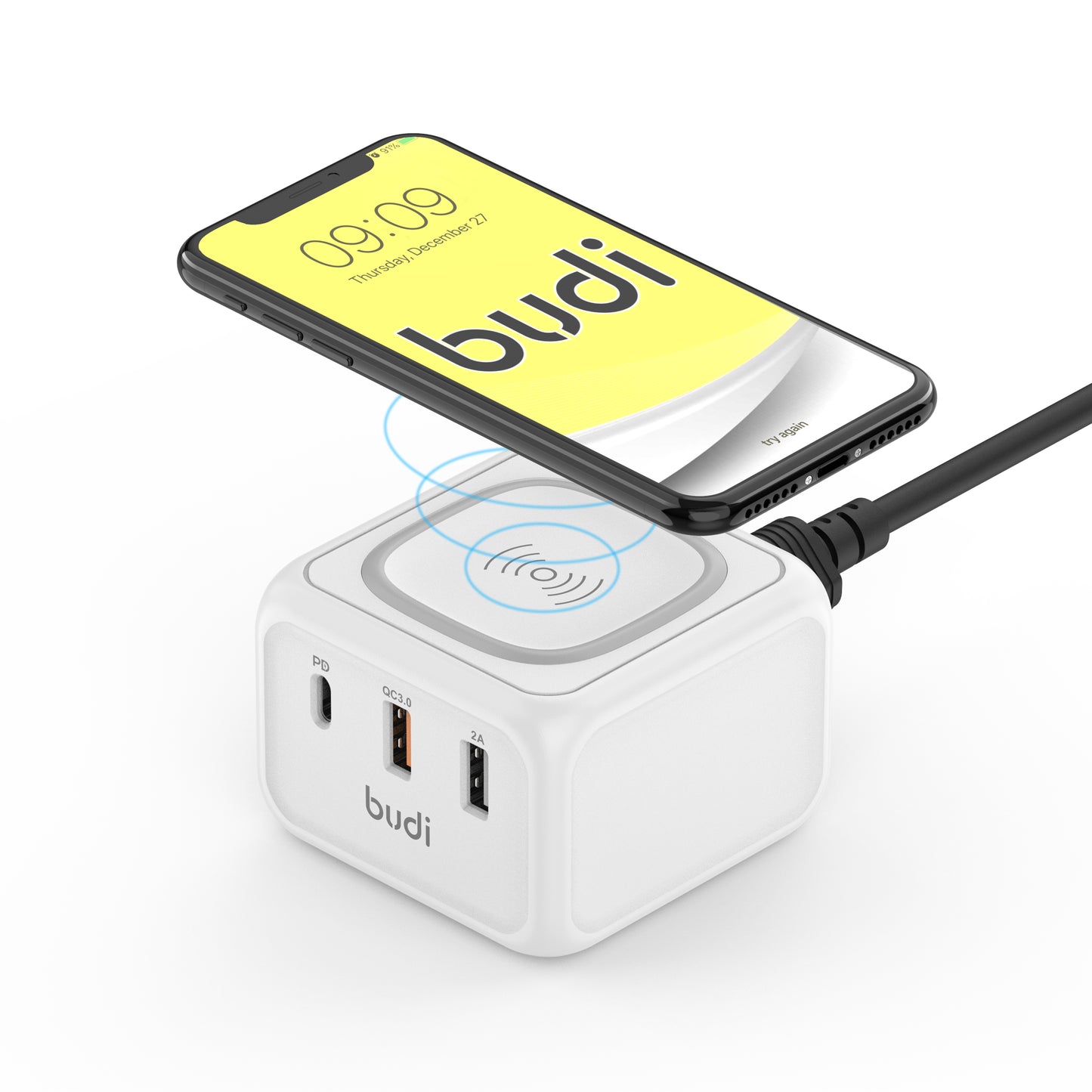 Wireless Charger with 2 USB 1 USB-C Ports - Compact Charging Station
